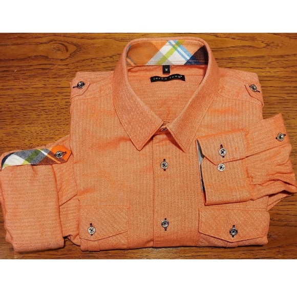 Jared Lang Orange Herringbone Roll Sleeve Shirt M.  Long sleeve or rolled up - Picture 1 of 8